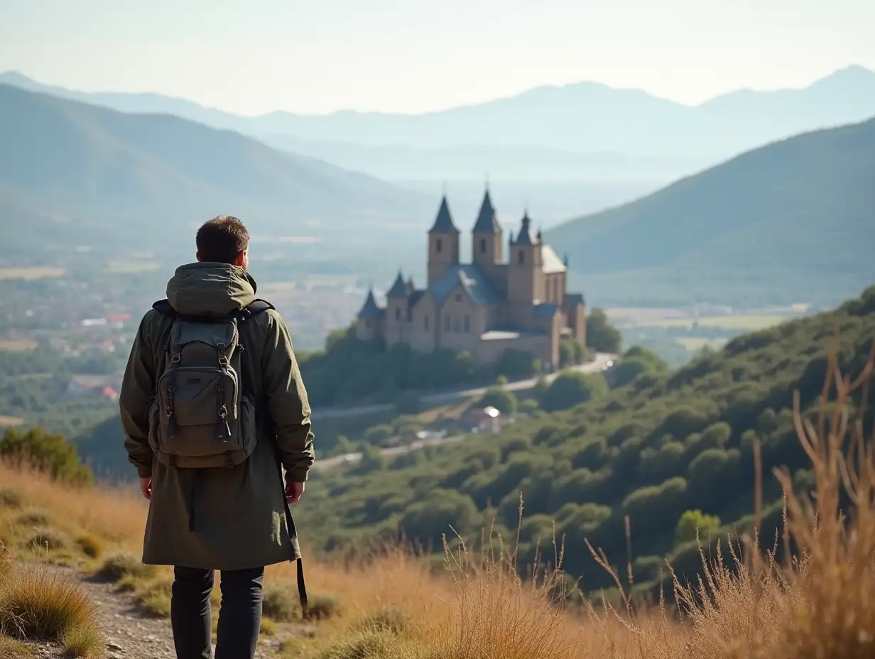 a pilgrim with a backpack standing on a mountain pass with a view of santiago de compostella, he looks towards cathedral