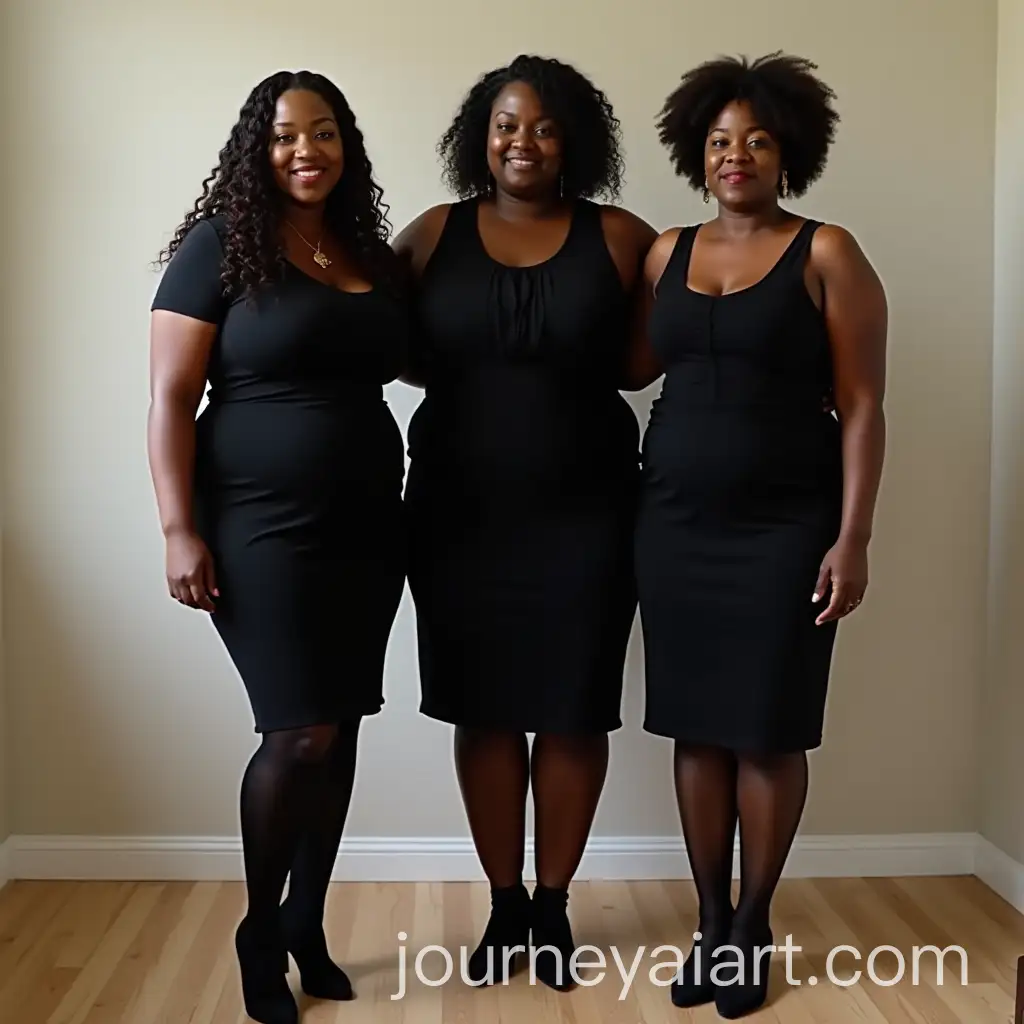 Three-FullFigured-Older-Black-Women-in-Black-Dresses-and-Pantyhose-in-an-Empty-Room