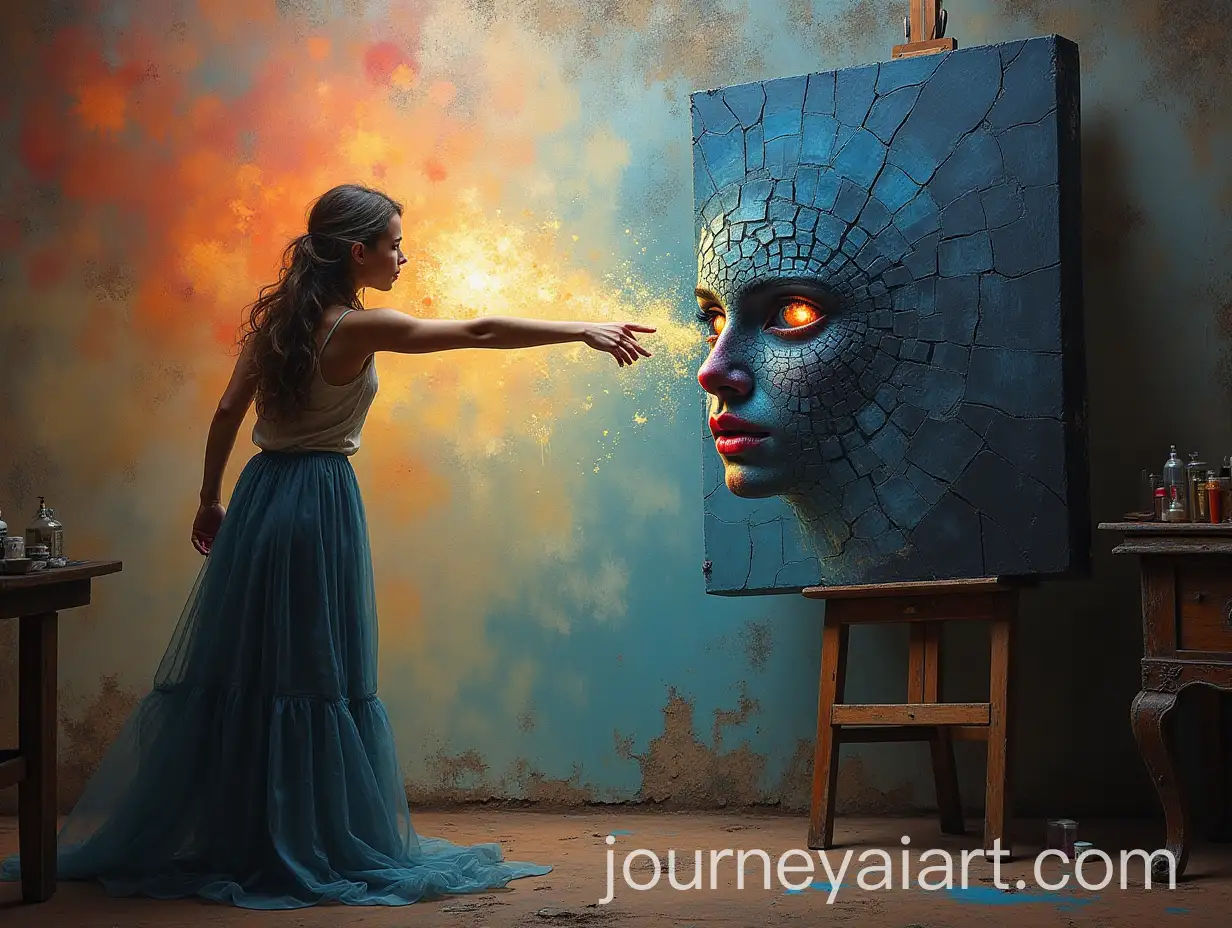 Surreal-Image-of-Young-Woman-Reaching-Out-from-Canvas-in-Artists-Studio