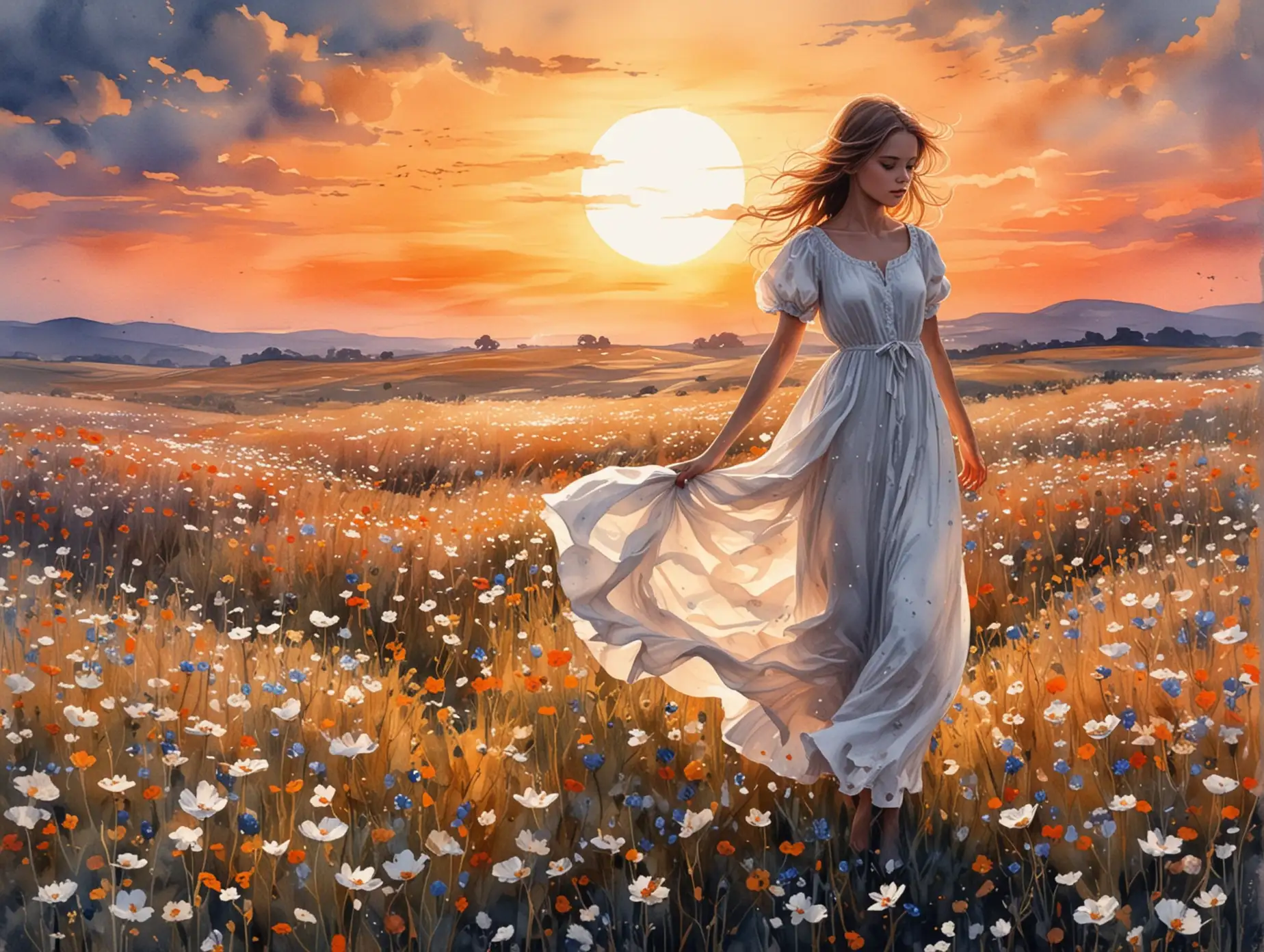 Girl-in-White-Dress-Among-Flowers-at-Sunset-Watercolor-Painting