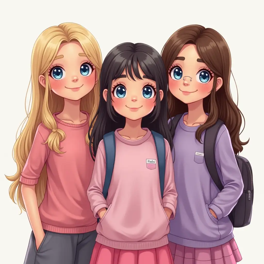 a blonde 10 year old girl who loves lilac and has blue eyes and long hair with a slightly shorter very dark brown haired 11 year old girl who loves pink who has blue eyes the 2nd girl has a small backpack on, and a 3rd girl who has blue eyes and long brown hair, her favorite color is pink and she is about as tall as the 1st girl and she is 10 too they are all white and happy the 2nd girl has glasses