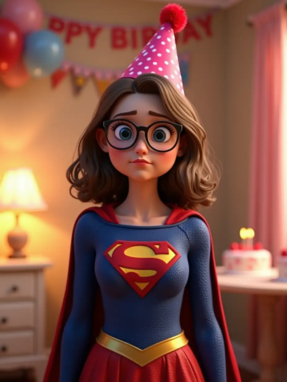 A highly detailed 3D-rendered image of a young woman in a Supergirl costume, standing in a decorated birthday party setting. She has medium-length wavy brown hair, round glasses, and a sad or disappointed expression on her face. She is wearing a blue and red superhero suit with a gold belt and the iconic 'S' emblem on her chest. A pink polka-dotted party hat with a red pompom sits slightly tilted on her head. The background features balloons, a 'Happy Birthday' banner, a table with a birthday cake, and a cozy, well-lit room with a warm atmosphere. The lighting is soft and realistic, with lifelike textures on the costume, hair, and environment. The style should be cinematic and highly detailed, similar to Pixar or Unreal Engine renders.