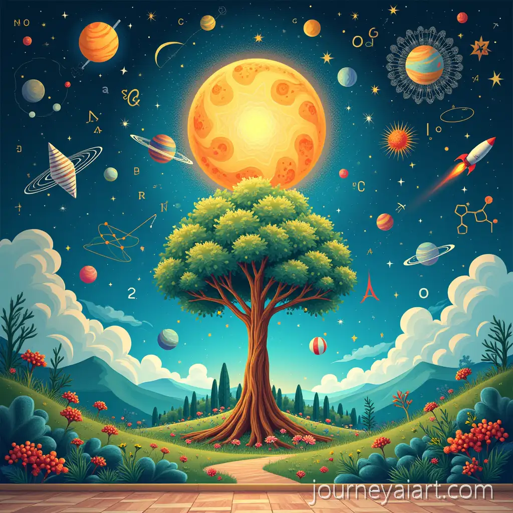 Vibrant-Islamic-School-Mural-Design-Illustrating-Science-Mathematics-and-Islamic-Art