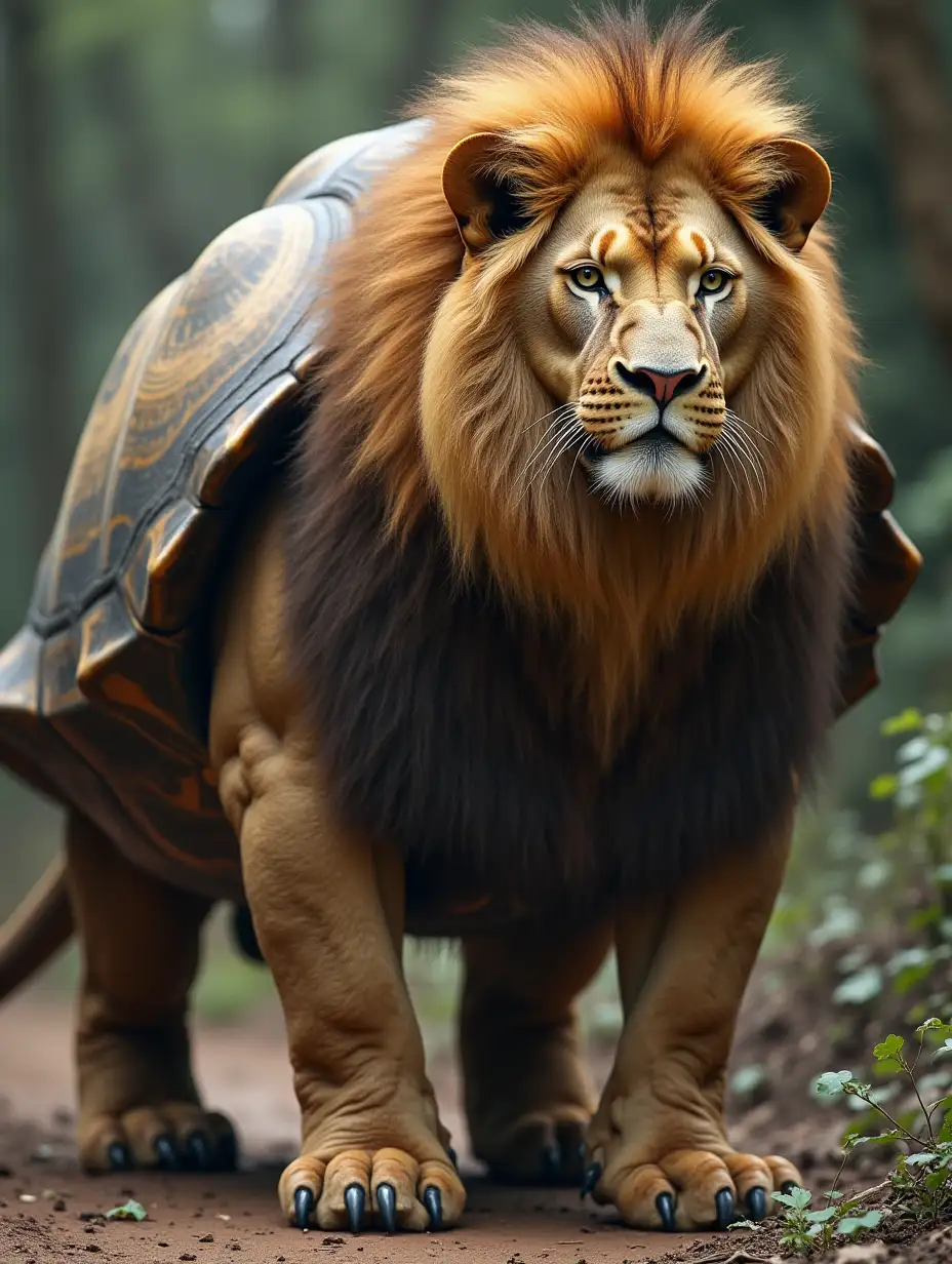 A magnificent hybrid creature combining the regal form of a lion with the ancient presence of a giant tortoise...