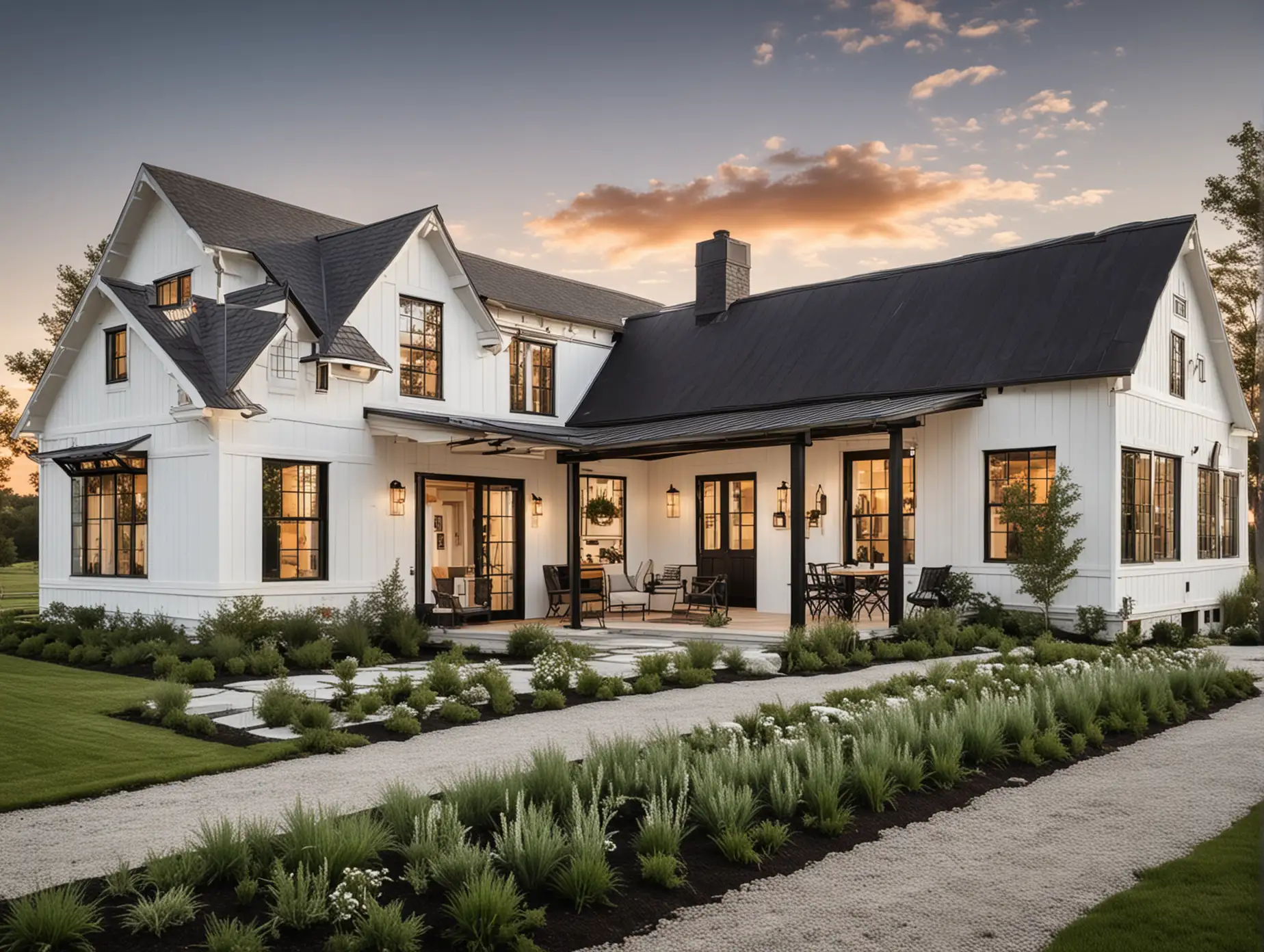 Modern Farmhouse at Sunset with Crisp White Exterior and Striking Black Accents