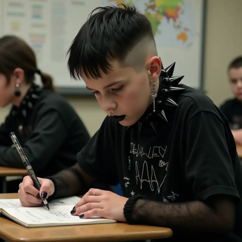 Gothic-Teen-Boy-Sketching-in-Classroom-with-Pentagram-Earrings