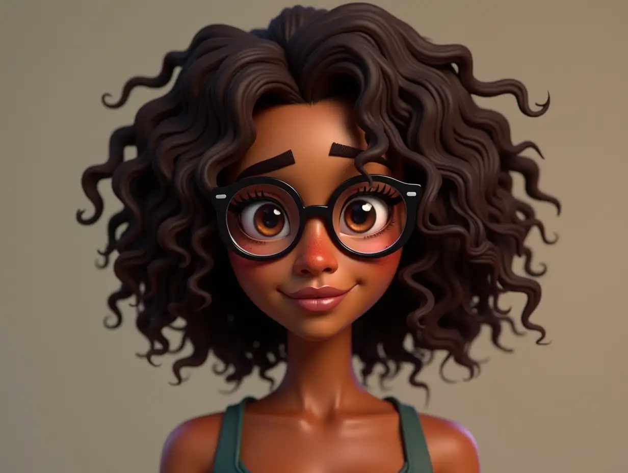 short light skinned black female, long curly with no frizz brown hair, glasses, freckles, brown eyes, no imperfections 3d