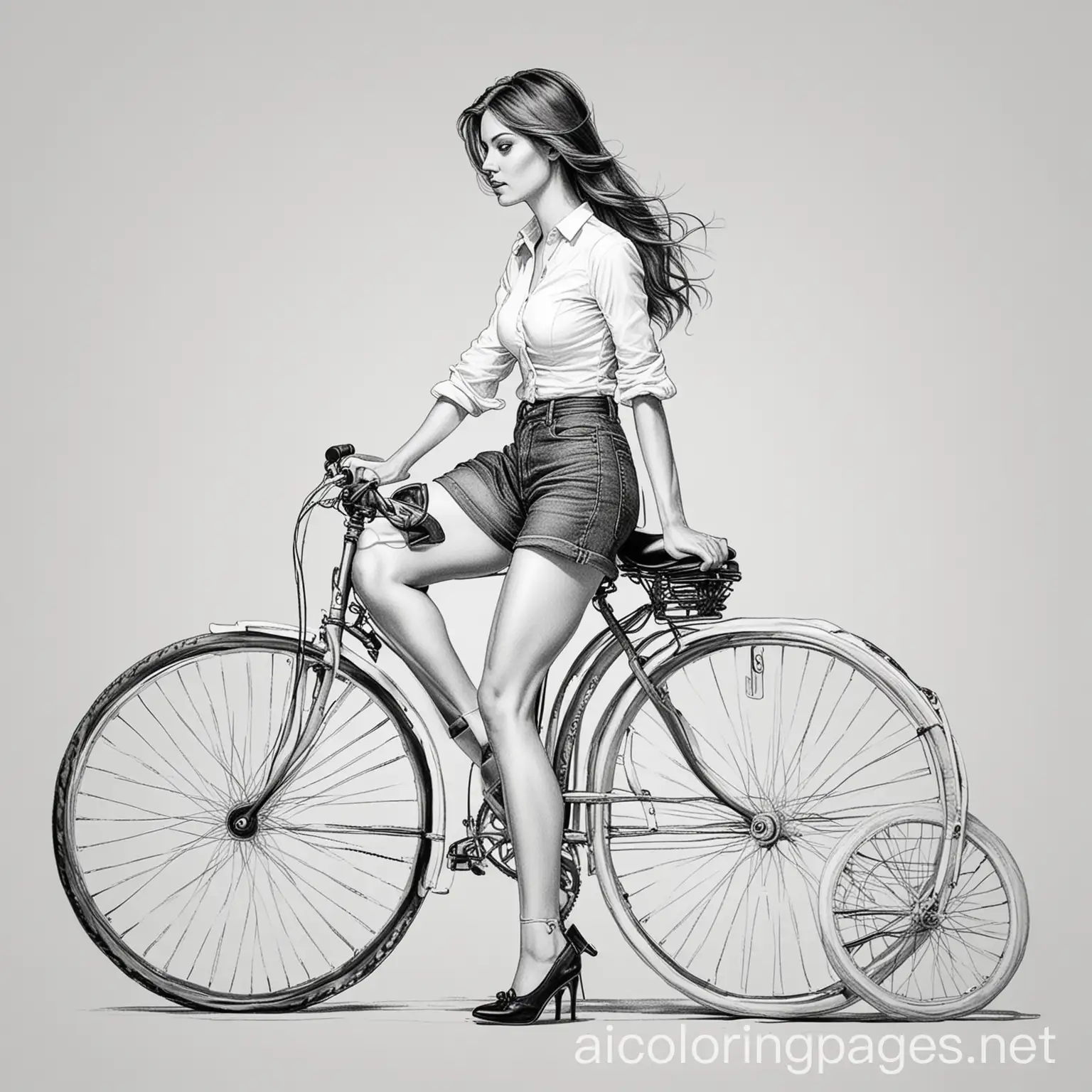 Vintage-Style-Bicycle-Coloring-Page-with-Girl-and-Ample-White-Space