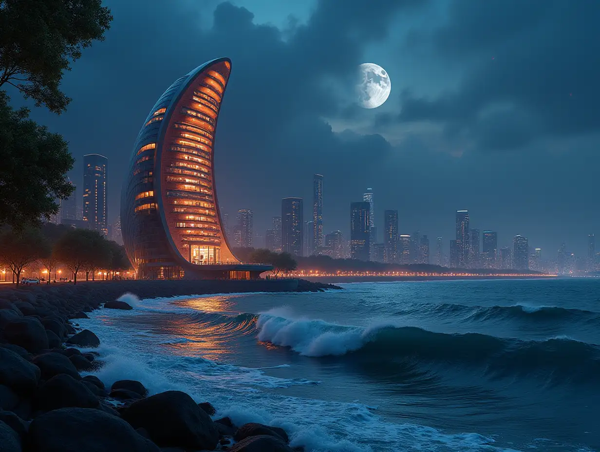 Create a high-resolution, realistic panorama image of a futuristic very tall building illuminated with windows twisted like a snail's shell with and brick red facades in the city with sea with very large waves, big trees, night sky