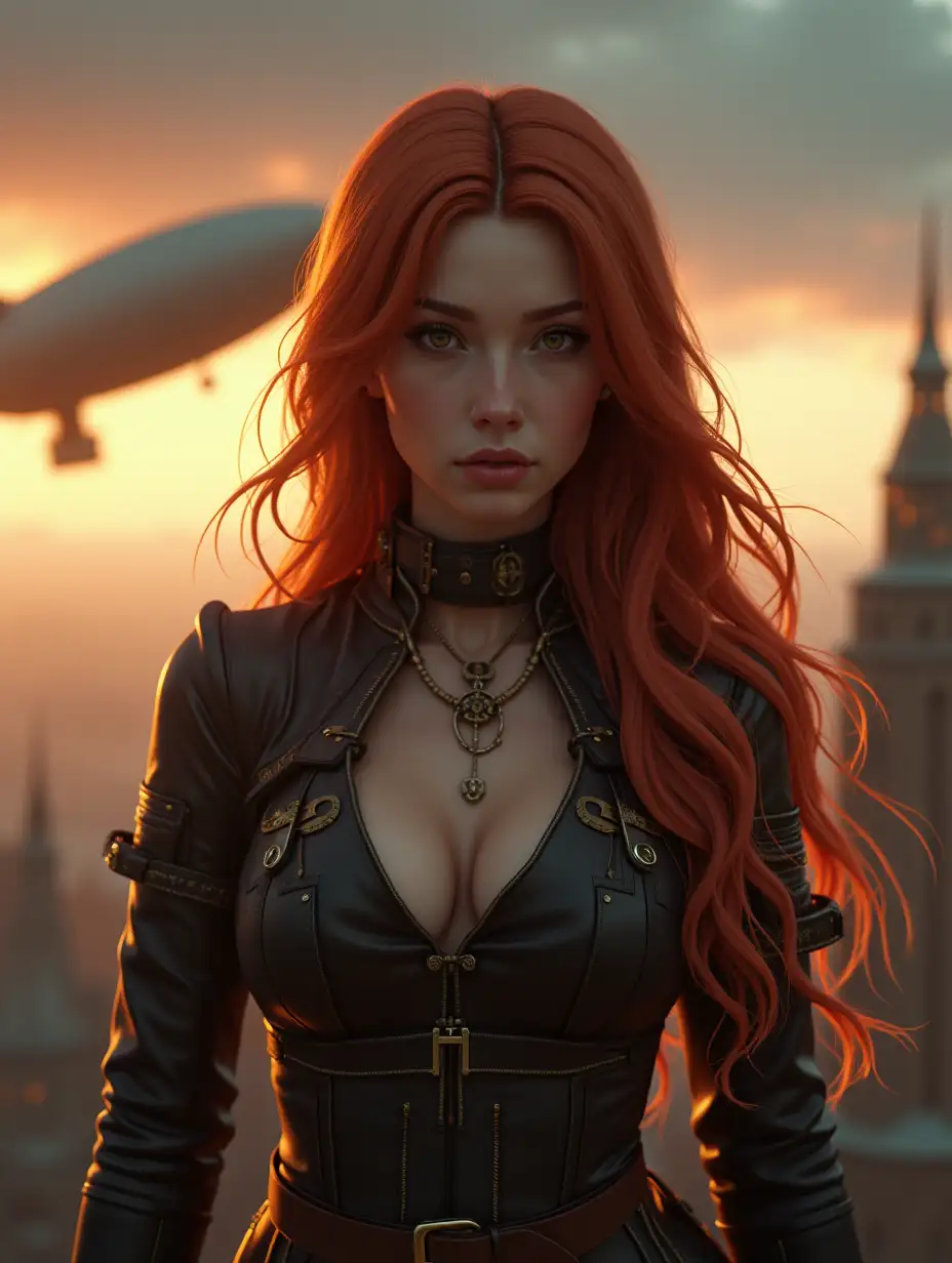 Steampunk style, Ginger hair woman, long gorgeous hair, sexy, military, cinematic dark tones, unreal engine 5 render, videogame, masterpiece, anime, detailed, best quality, epic realistic, zeppelin in the led sky on background