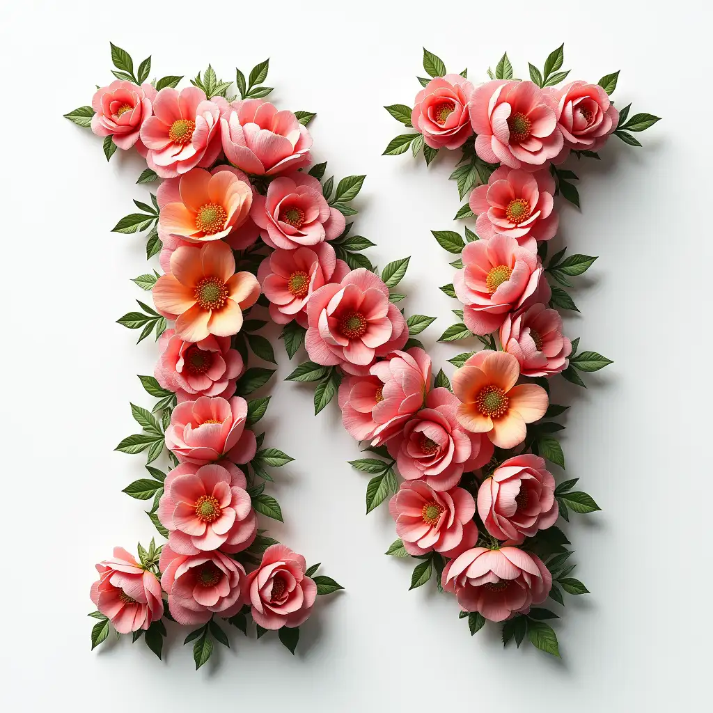 Center.Symmetry.Realistic three-dimensional letter 'N' made of flowers