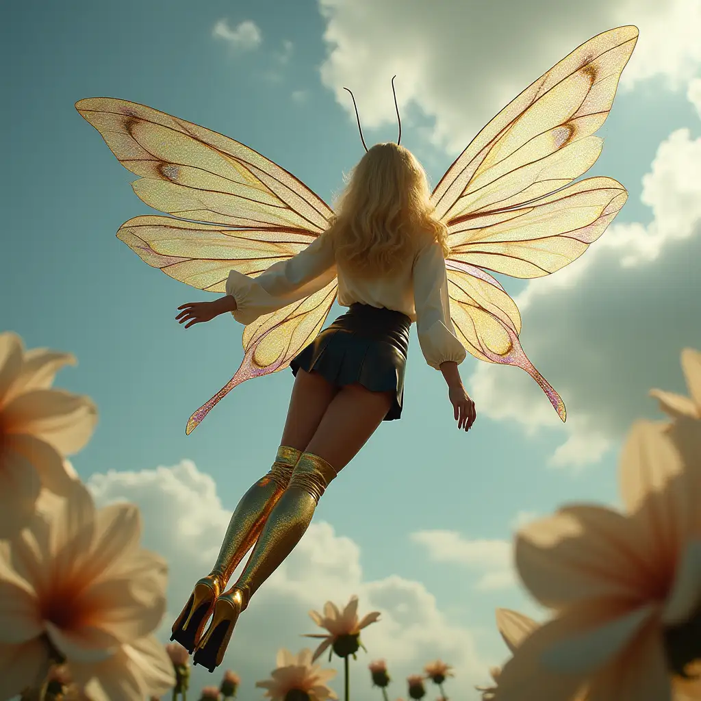 A photo of a blonde fairy with long antennae shaped like a pair of peacock feathers flying in the sky among the clouds. She has two gigantic, long, shiny iridescent sparkling, transparent, peacock patterned butterfly wings. The fairy is wearing a white blouse, shiny black leather miniskirt, and golden elegant latex stiletto thigh high boots with ankle butterfly wings. The background is a cloudy sky and gigantic flowers. Stiletto high heels view side.