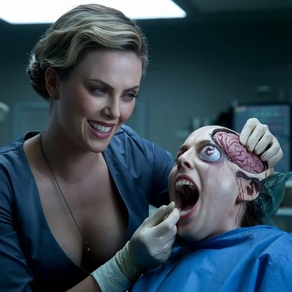 Evil crazy smile surgeon Charlize Theron with deep neckline performs surgery on a screaming patient, skull opening, brain exposed, pulls out the eye and swallows it, photo, cinematic, 4k