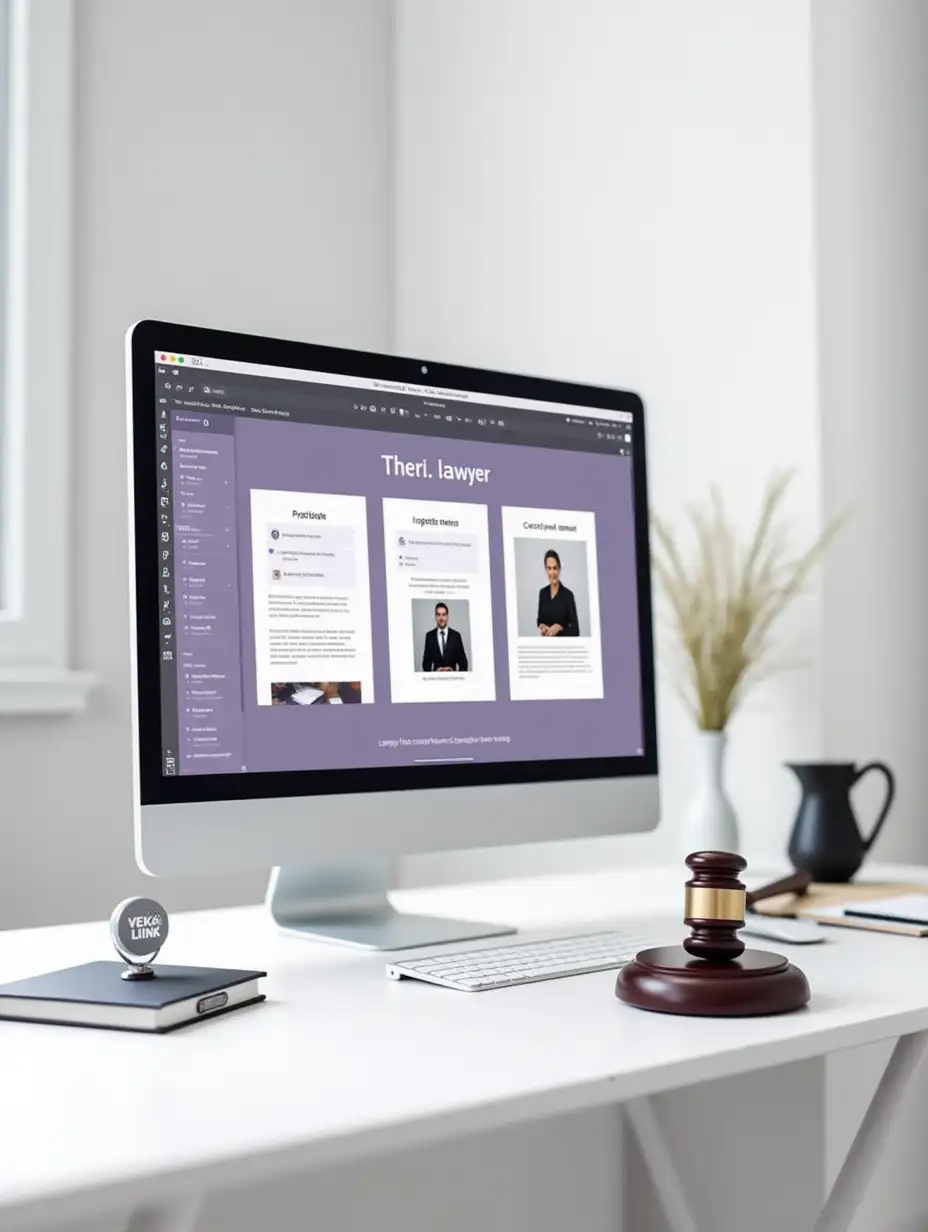 A clean, modern workspace showing a computer screen displaying a lawyer’s website being edited with drag-and-drop builder (Elementor style). A gavel, legal books, and a small Vekalink logo placed on the desk. Light theme, white and soft gray colors with a hint of purple.