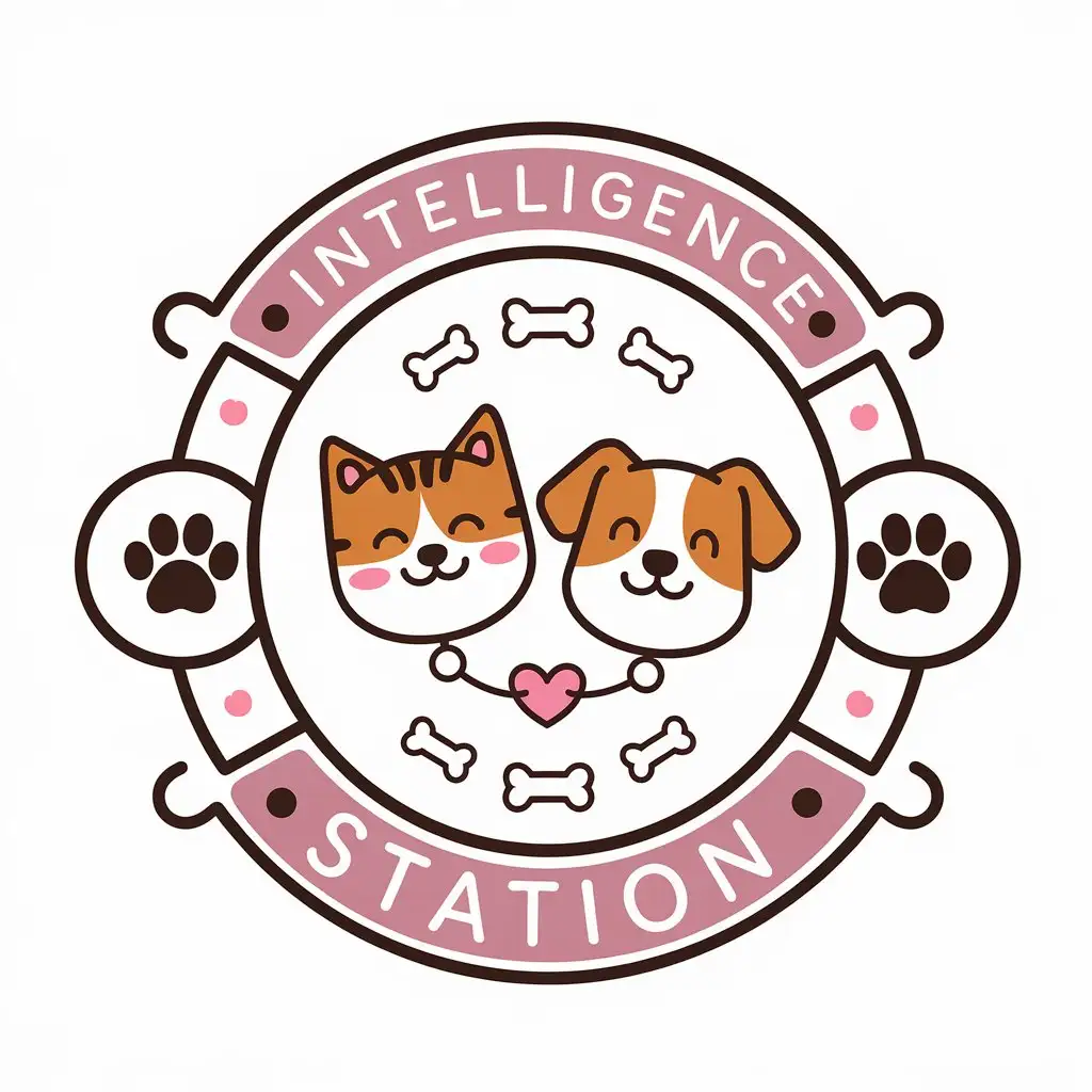 a vector logo design,with the text "intelligence station", main symbol:Cute cat and dog avatars: design the cat and dog head portraits in a cartoon style, with cute expressions that remind people of pets. Pet snack patterns: incorporate shapes of pet snacks like bones, fish crisps, and meatballs into the logo to directly convey the shop's main business. Love element: represents love for pets; combine hearts with cat-dog elements, such as putting a heart-shaped collar on the neck of cats and dogs. Paw prints: pet paw prints can add fun and cuteness to the logo; design a string of paw prints circling around the cat-dog elements or the shop name.,Moderate,be used in Retail industry,clear background