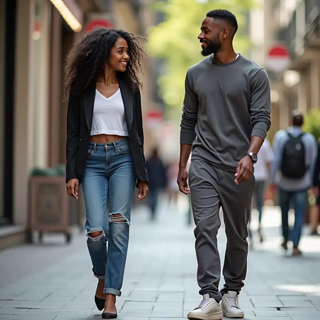 beautiful african american woman with long wavy hair in her mid twenties out shopping She is wearing boyfriend jeans, a cropped shirt and blazer and heels. She is talking to an attractive african american man in his mid twenties with low cut hair, sweat pants and a tee shirt.