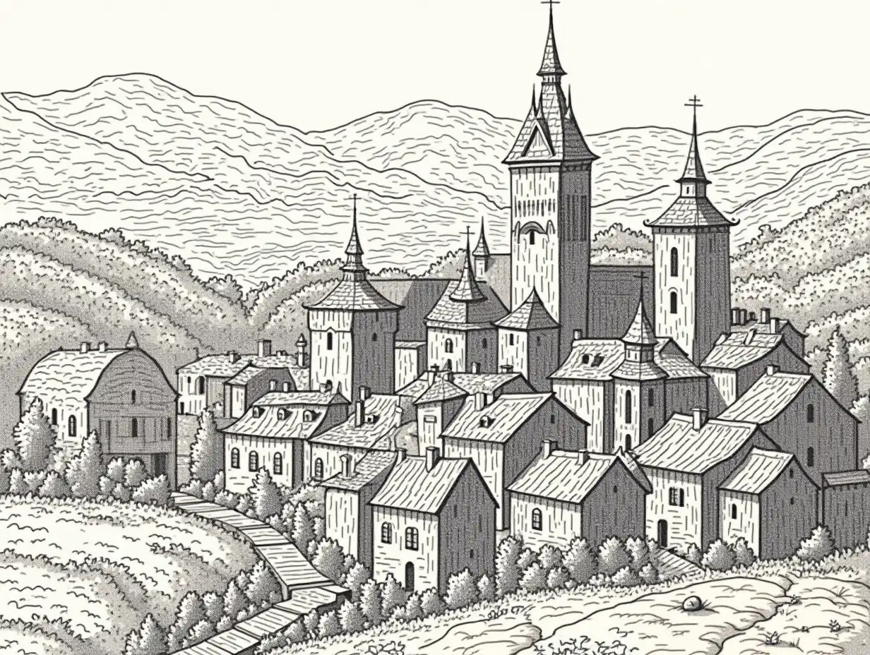 An intricate copperplate engraving of medieval village in a valley. The design features fine architectural and natural details, with precise lines and cross-hatching to create depth and dimension. The buildings are prominently displayed. The overall composition reflects baroque artistry, with a focus on elegance and meticulous craftsmanship.