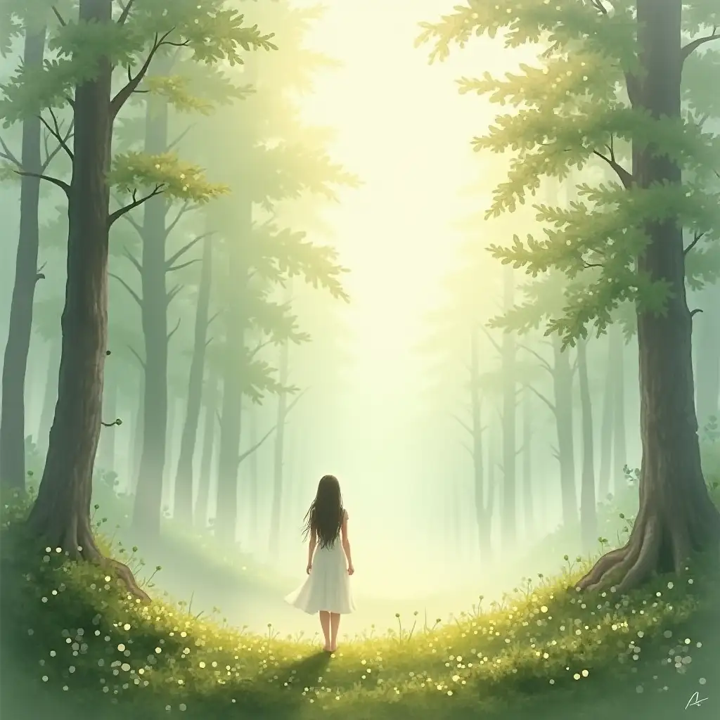 A tranquil valley rendered in soft watercolor style, with flowing morning mist gently enveloping moss-covered ground and dew-kissed leaves. A barefoot young woman stands gracefully, her long hair blending into the hazy surroundings. Tall trees rise faintly in the background, with delicate strokes of golden sunlight filtering through the mist. The palette features soft greens, whites, and warm golden tones, creating a serene and ethereal atmosphere.