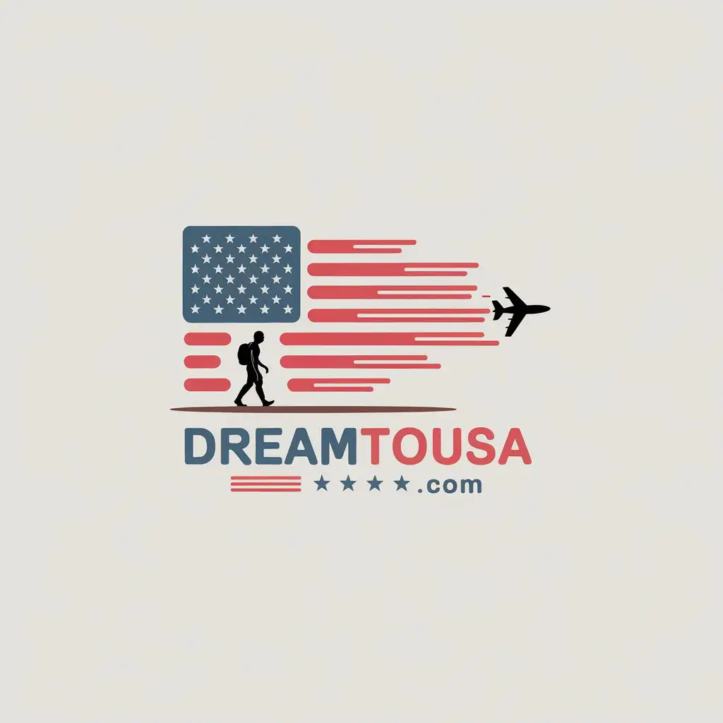 LOGO Design for DreamToUSA Minimalistic American Flag with Walking Figure and Airplane Symbolism