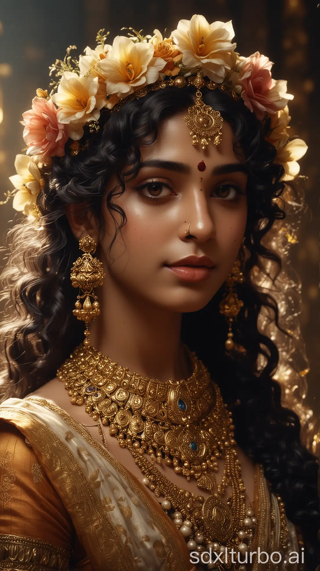 A hyperrealistic portrait of a young krishna, styled as Radha, with dark, curly hair adorned with gold jewelry and flowers, ethereal lighting, intricate details, 8k resolution, artstation trending, cinematic lighting,  photorealistic,  soft focus,  Anand Kishor style.