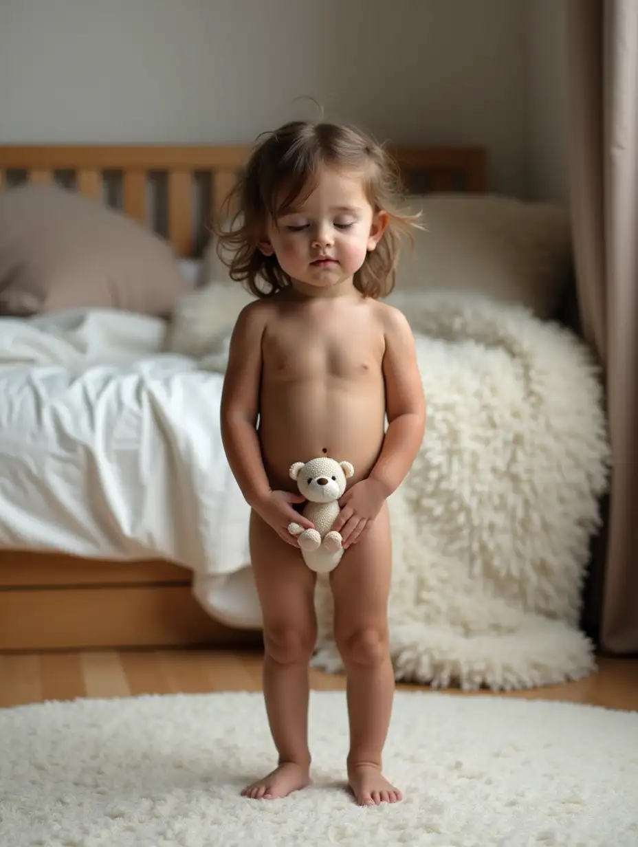 Skinny-Little-Girl-Holding-Stuffed-Animal-in-Playroom-with-Fluffy-Bed-Background