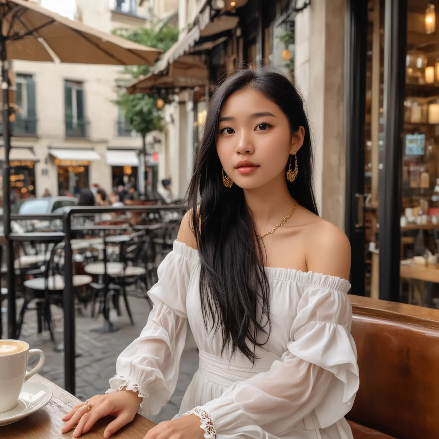 Baby face light skinned chinese girl with long black hair. Looking to the side. Girl not facing front but at the side and looks elsewhere. Wearing an elegant white flowy fitted dress that is an off shoulder dress. With gold bracelet. Background is day in a coffe shop in paris