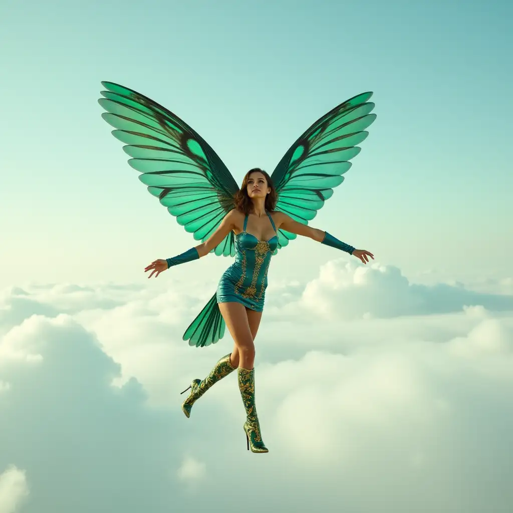 A photo of a woman with large, iridescent green-blue hummingbird wings and a long green-blue bird tail. She is flying in the sky above the clouds. She is wearing a golden patterned blue latex dress and golden patterned green latex thigh-high stiletto boots. The background contains a cloudy sky.