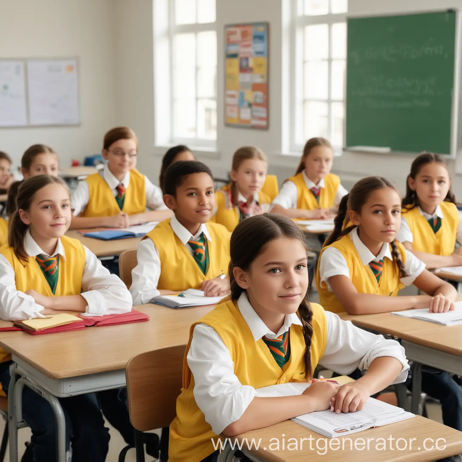 School-Class-Lesson-with-7th-Grade-Children-in-Colorful-Vests