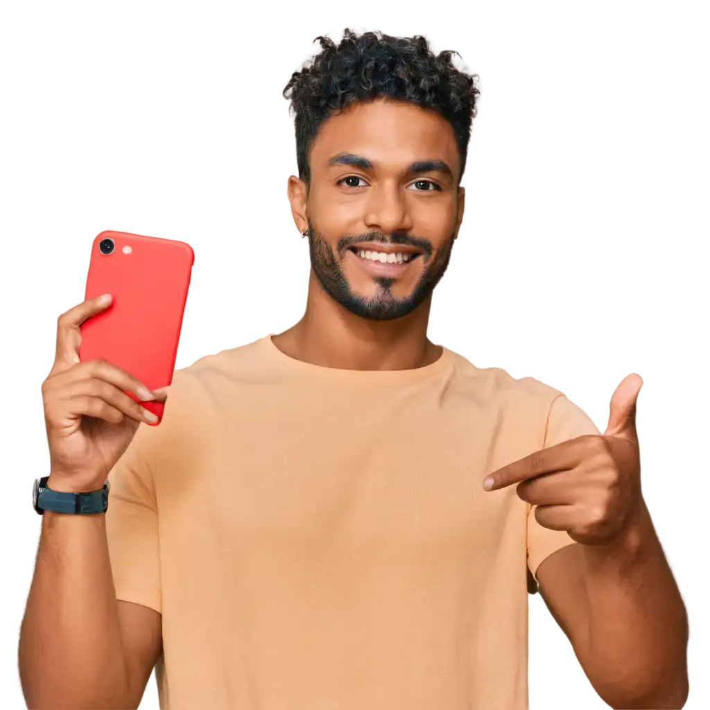 8K-Selfie-PNG-Image-of-Black-Man-in-Yellow-Shirt-Holding-a-Smartphone-Pointing-at-Camera