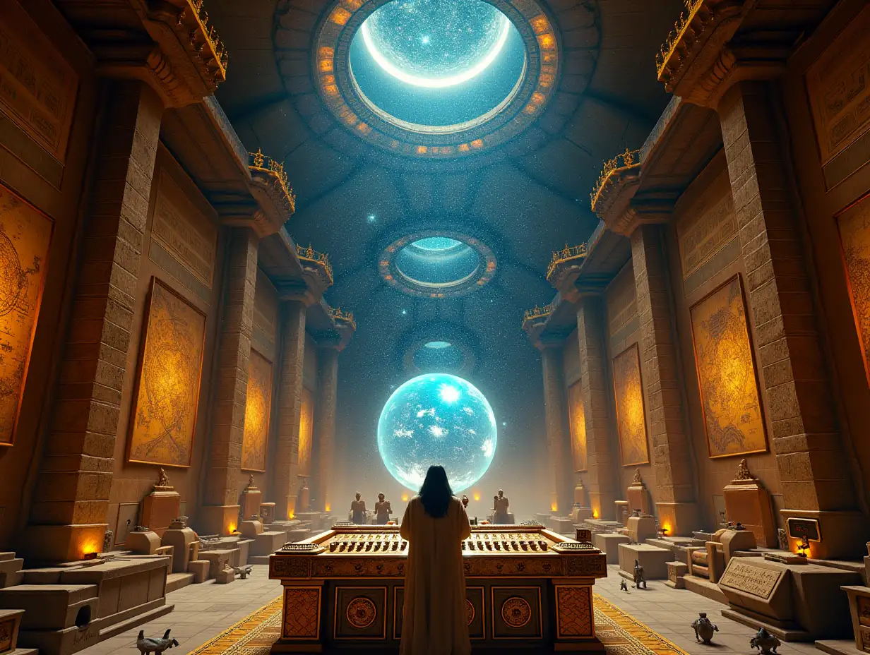 A hyper-realistic 16K resolution image depicting a massive, hidden control room beneath a pyramid, its walls lined with celestial maps and glowing holograms of star systems. Ancient yet advanced machinery, with gears and levers encrusted in gold and precious stones, hums with life. In the center, an ancient Egyptian priest operates the controls, projecting a holographic image of Earth and its surrounding constellations. The desert sky above, visible through a glass-like dome, reveals an astonishing array of stars that align perfectly with the machinery’s projections.