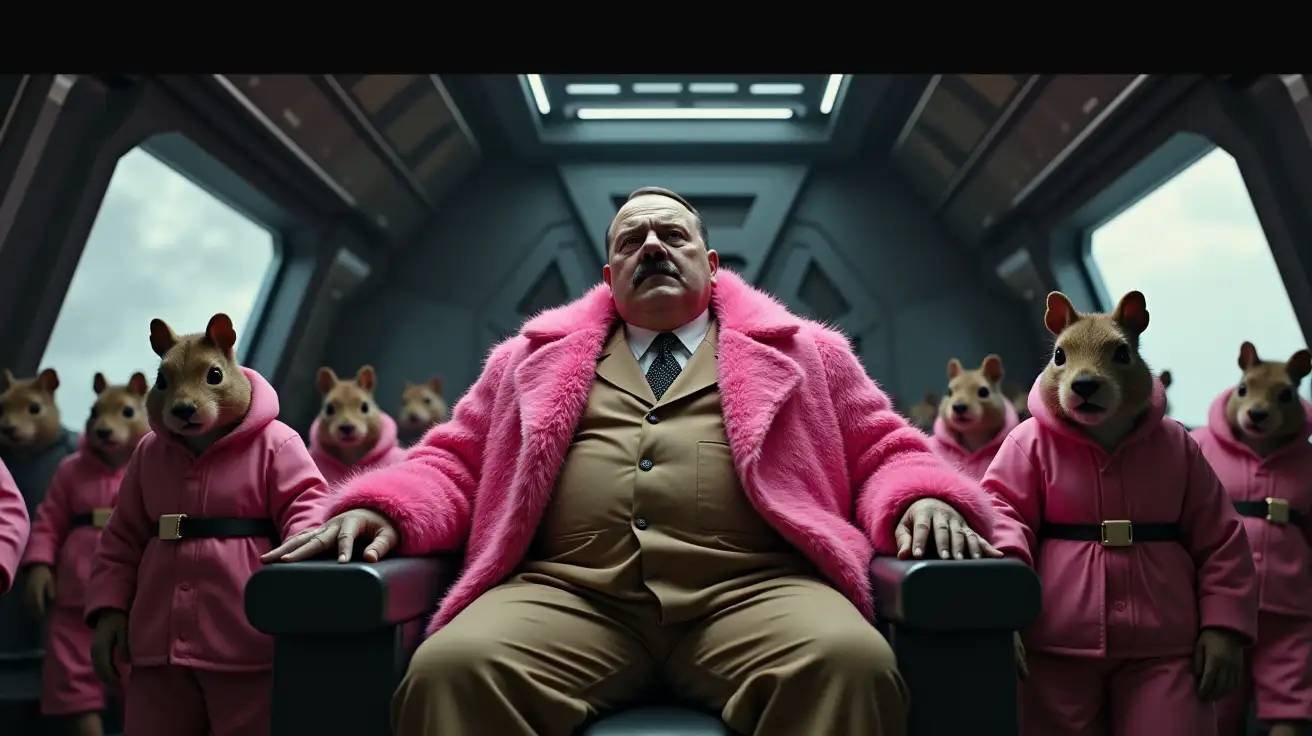 an extremely obese Adolf Hitler, sat in the crew deck of a very large dark and gloomy spaceship wearing brown trousers and a fluffy pink pimp jacket around him are multiple humanoid squirrels dressed in pink nazi ss uniforms, a dramatic cosmic space scene visable through the windows, in the style of the series the expanse