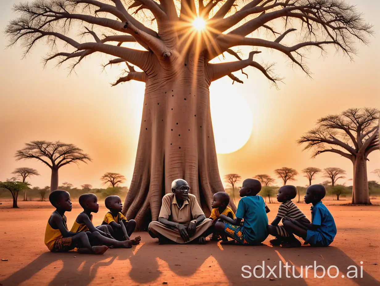 An elder (Kofi's grandfather) sitting under the baobab, surrounded by children, with the sun setting in the background, casting a warm glow over the scene.