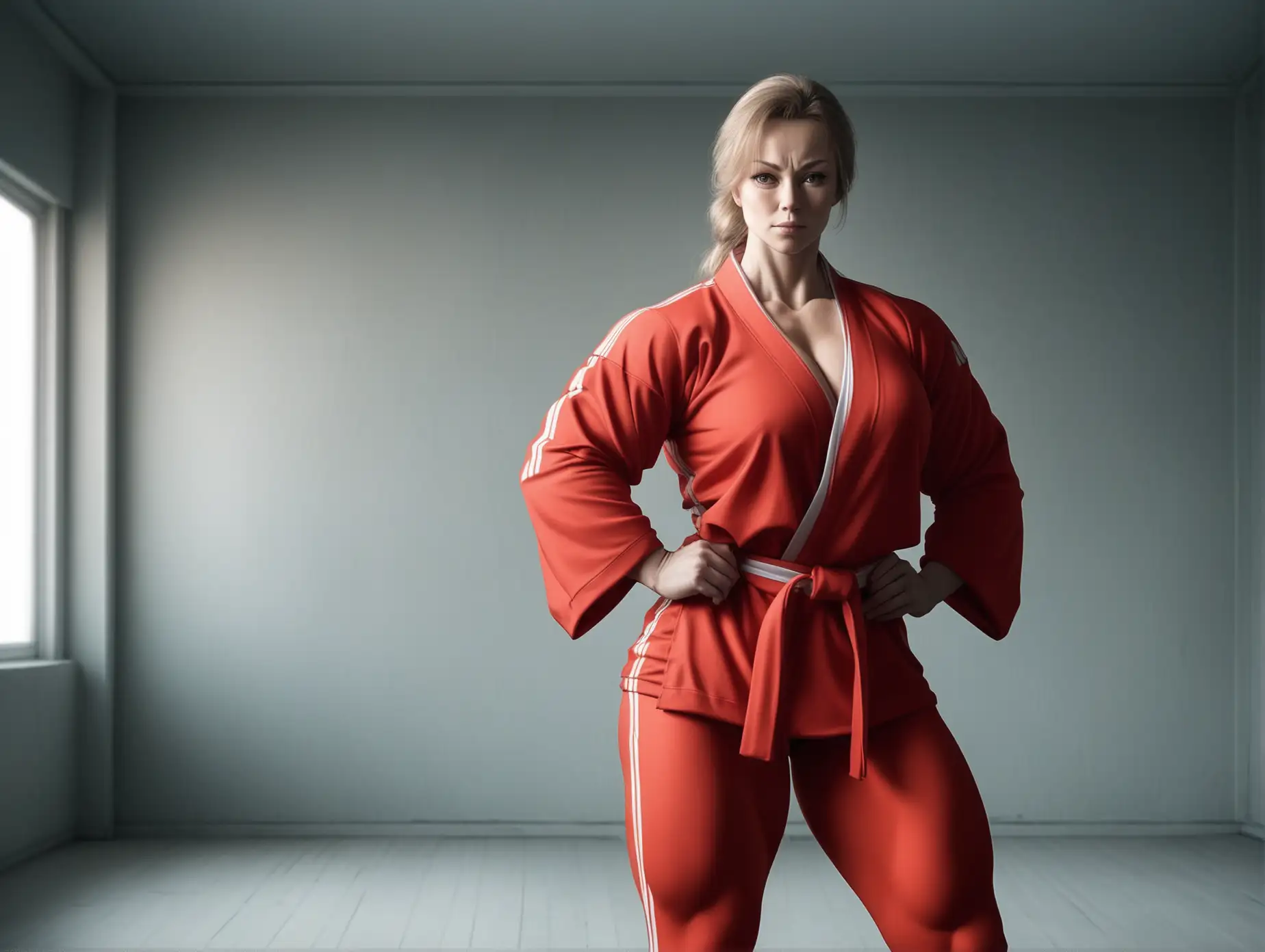 Russian-Woman-in-Sports-Kimono-Posing-with-Muscular-Thighs-in-an-Empty-Room