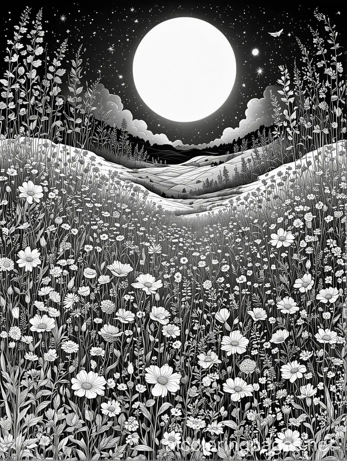a beautiful field of wildflowers in the moonlight, Coloring Page, black and white, line art, white background, Simplicity, Ample White Space. The background of the coloring page is plain white to make it easy for young children to color within the lines. The outlines of all the subjects are easy to distinguish, making it simple for kids to color without too much difficulty
