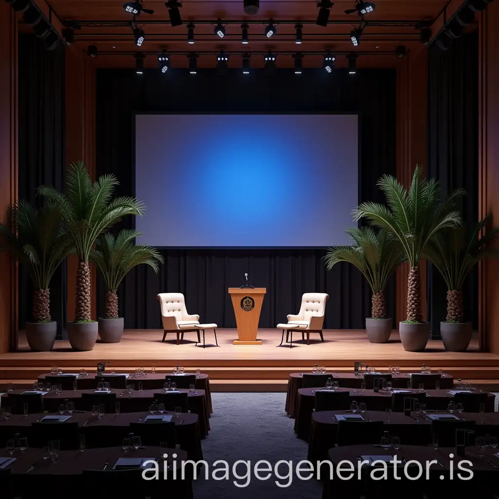 I would like you to help me generate an image of a montage of an event in a hotel hall for 120 people. The idea is to make two montages in the same hall that looks vertical, with a podium having a large screen, 5 armchairs and a table with glasses of water, a podium with microphone and digital monitors on the sides, with the logo of speakers' program and the judicial power with blue background, in front of the stage a U-shaped setup with chairs and tables, then divide the hall horizontally with palm trees in a row and after that place another setup for lunch with round tables and chairs for the number of people on the sides, a table for 5 technical personnel. At the entrance of the hall there is a registration table with two chairs, simulated protocol staff for welcoming guests. Distribute digital monoliths throughout the hall.