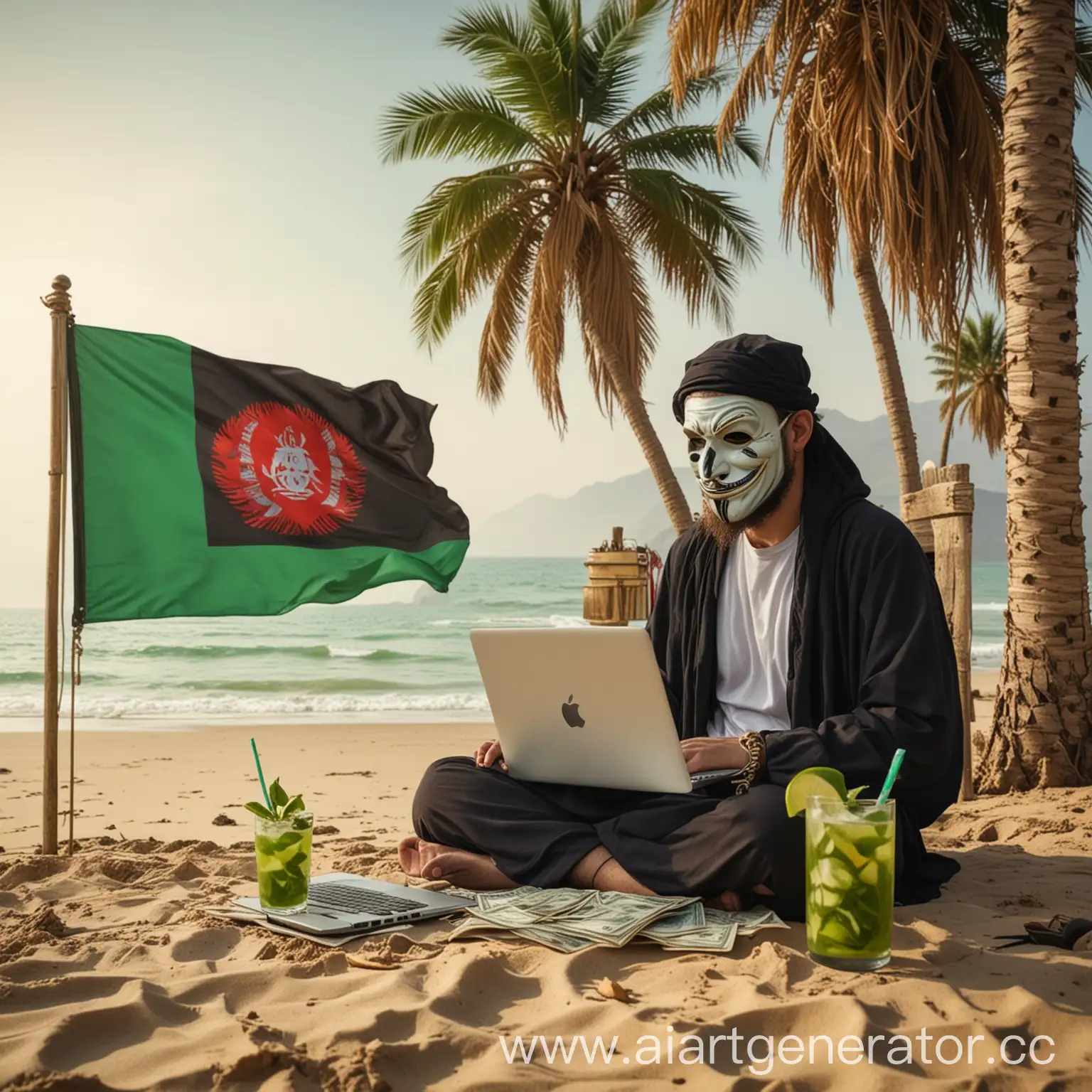 a man in an Anonymous mask sitting on a tropical beach on a green background, working on a laptop from aplle, he has a lot of dollars, he has a gold watch, drinks a mojito. against the background of the flag of Afghanistan