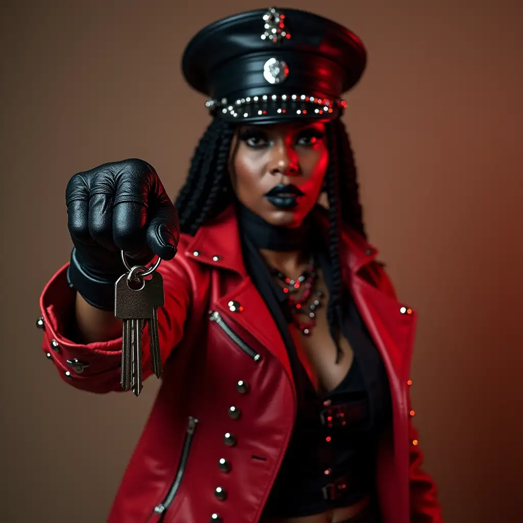 Punk-Rock-African-Woman-with-Keys-in-a-Bold-Leather-Outfit