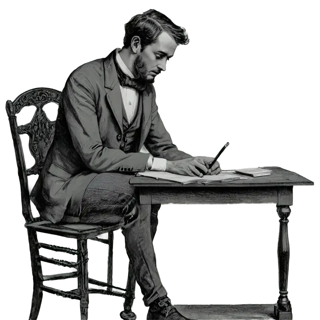 Black-and-White-PNG-Drawing-of-a-1800s-Poet-at-Work-Vintage-Artistic-Representation