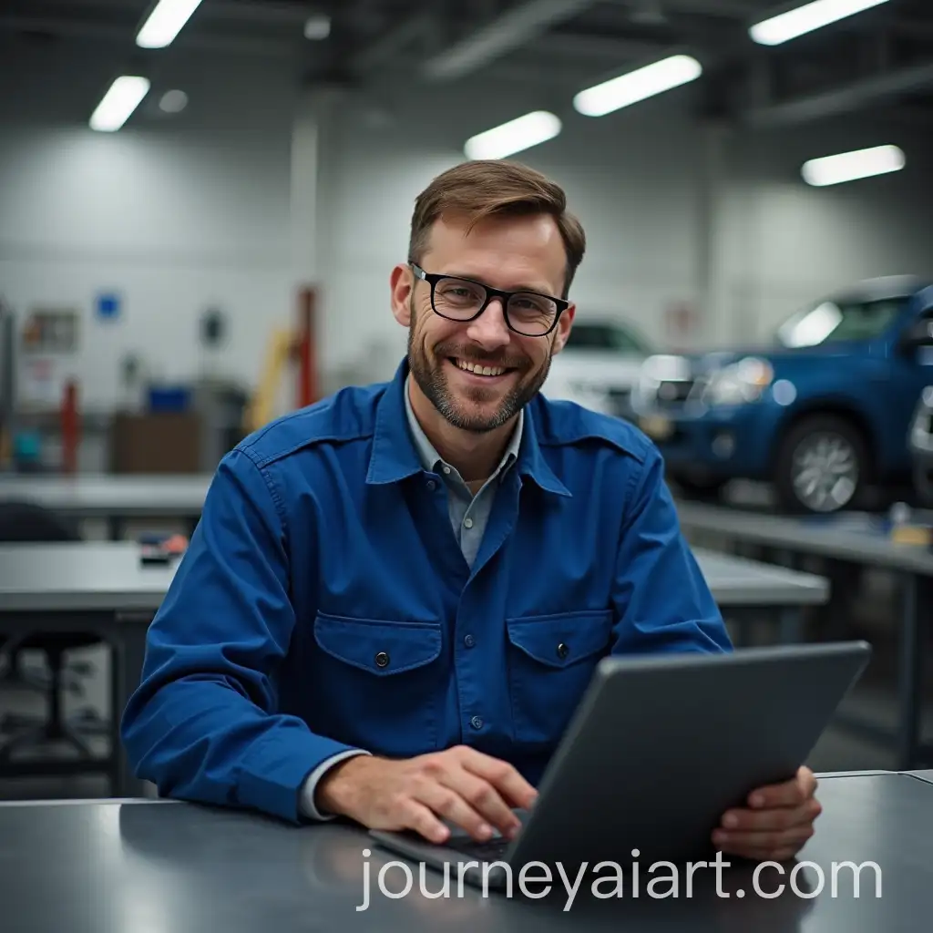 Mechanic-at-Desk-with-Tablet-in-Workshop-Setting