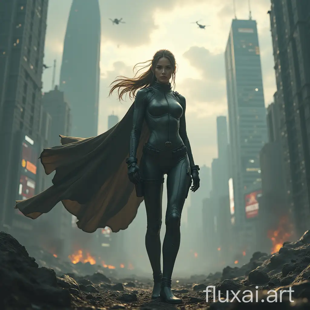 Lara Croft, heroic character standing tall with an epic, futuristic suit. The character should exude confidence and strength, with a determined expression and a flowing cape that catches the wind. Place the character in a cinematic background featuring a grand, post-apocalyptic cityscape with towering skyscrapers, some partially ruined. The sky should be dramatic, with storm clouds gathering and rays of sunlight breaking through, casting an ethereal glow. Add intricate details like flying drones, distant explosions, and holographic billboards to enhance the scene's complexity and atmosphere.