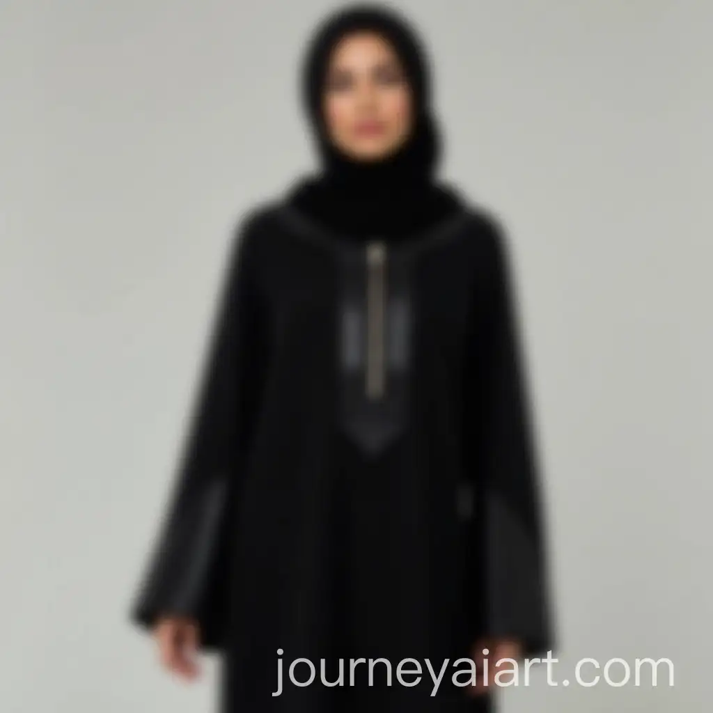 Elegant-Muslim-Woman-in-Black-Abaya-with-Leather-Details-and-Zipper-Closure