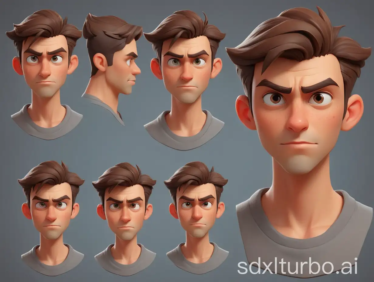 guy, 3d modern cartoon style, game character sheet reference, different emotional set