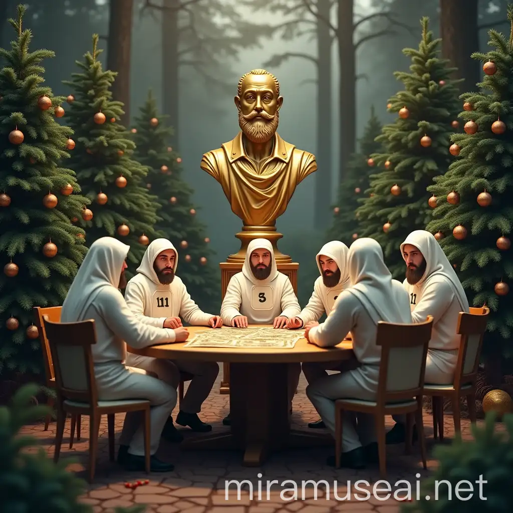 Characters in White Attending a Discussion Table in a Christmas Forest