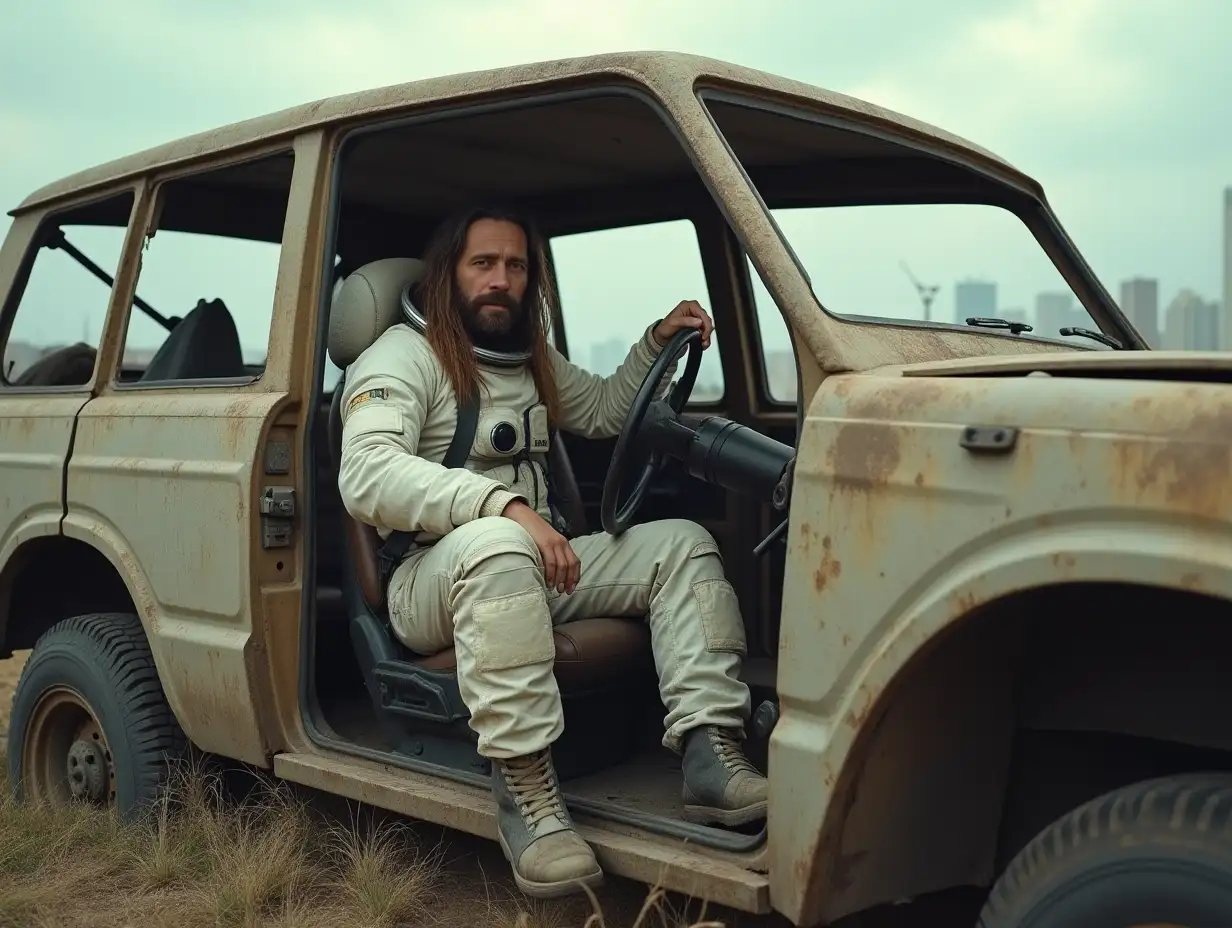 Astronaut, in an old ragged white space suit. No helmet. Long hair and stubble. In a ruined city. He sitting in the drivers seat of a burnt out large SUV car with a smashed windscreen. He is holding the steering wheel.  Long shot,  picture to show the outside of car and astronaut inside. Some grass growing atound the flat wheels of the car.