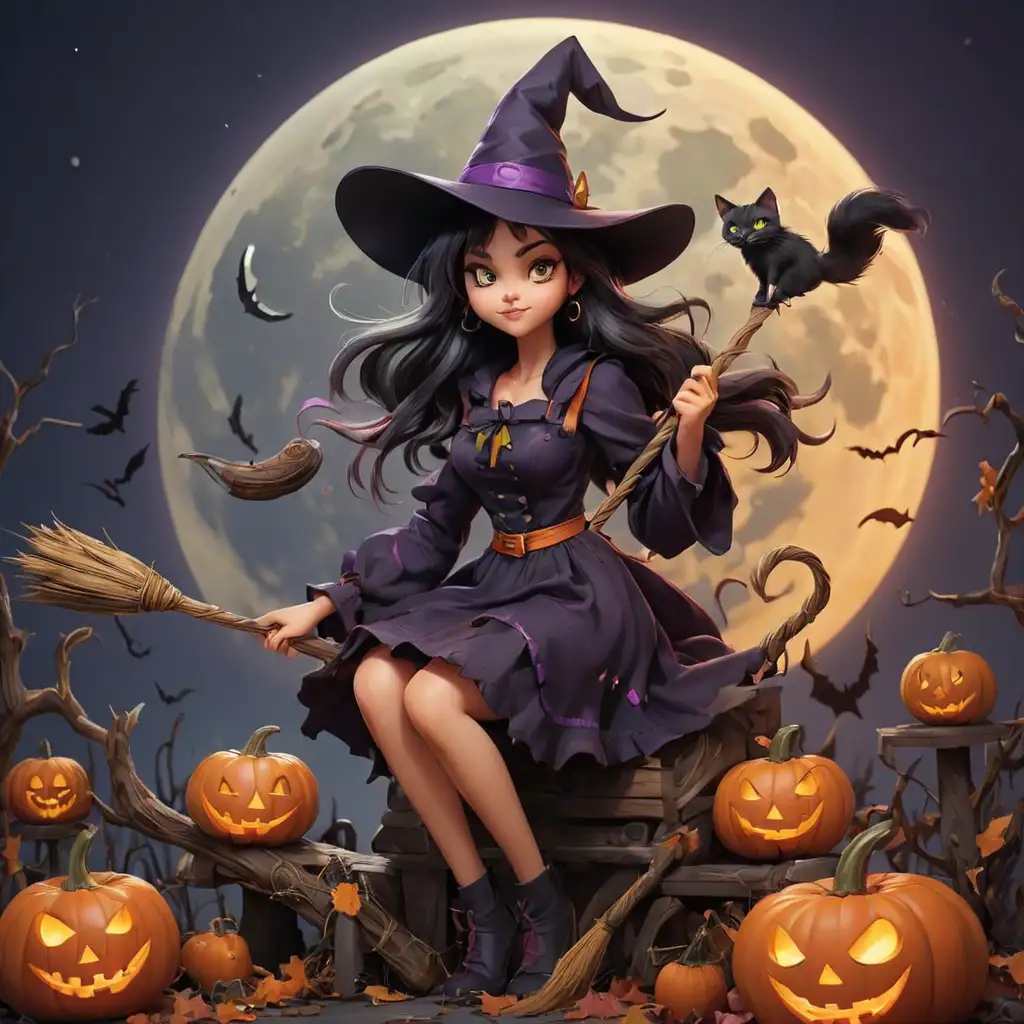 Spooky Halloween Night Mobile Wallpaper with Witch Broom Moon Cat and Pumpkin