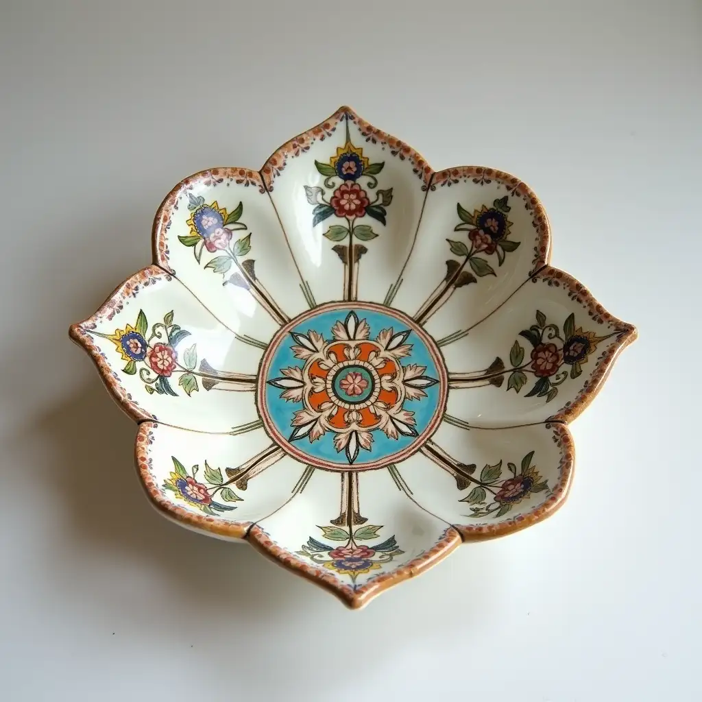 A ceramic serving in the shape of a four-petaled flower with a ceramic handle, Underglaze painting on white body, Fine art, Hyper detailed, Antique and old, Qajar art, Iranian Tabriz carpet design