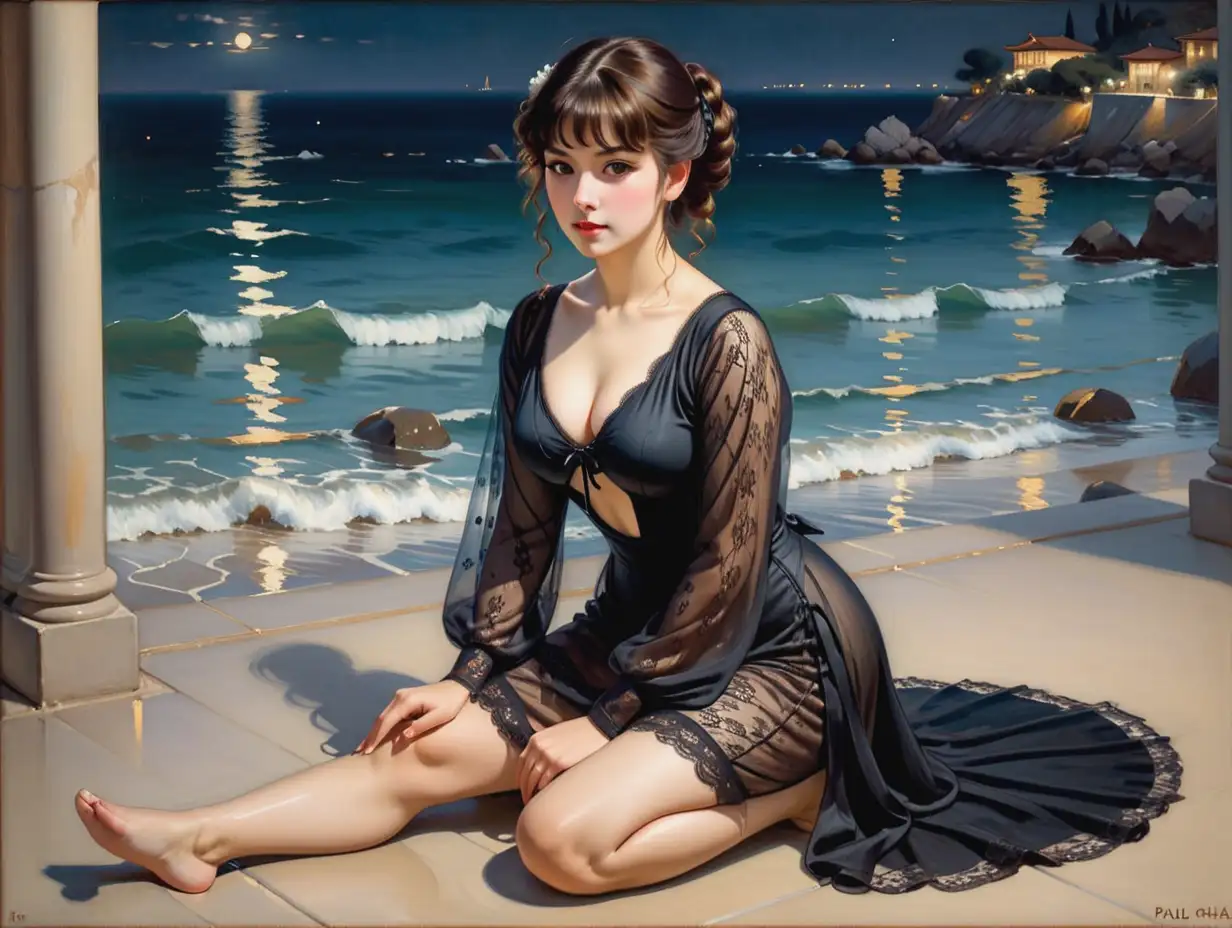 Paul Chabas, oil painting of italian woman, full body view, gorgeous, japanese, black lace outfit night gown, brunette low pigtails and bangs, athletic