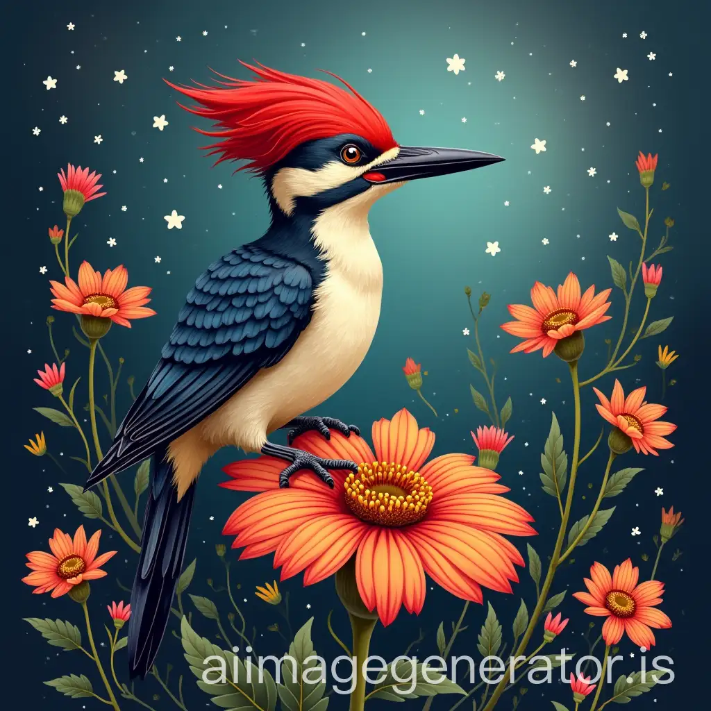 Woodpecker-Perched-on-a-Magical-Flower-in-a-Witchs-House