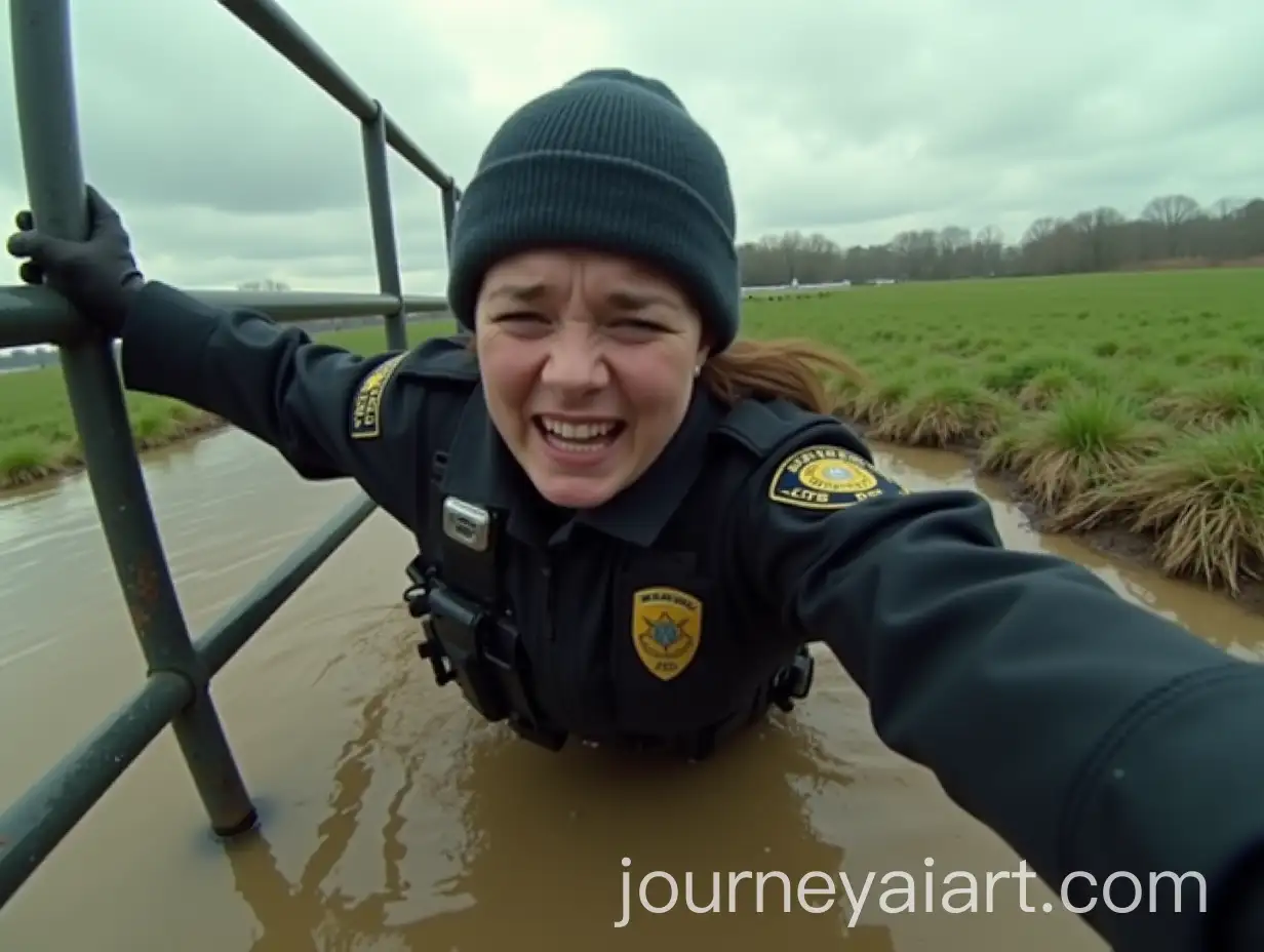 Female-Police-Officer-in-Tactical-Gear-Fallen-in-Muddy-Water-with-Dramatic-Expression