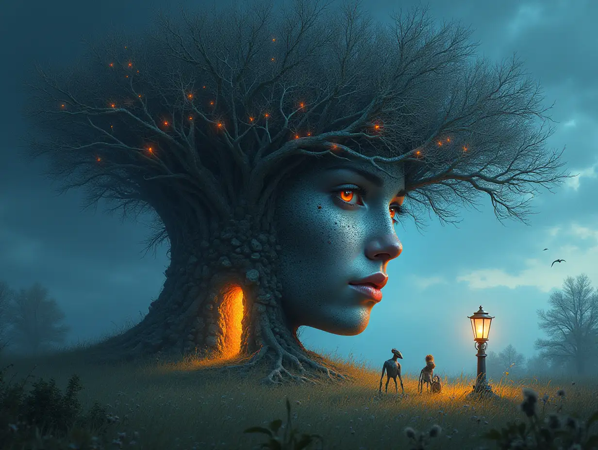 Creating a digital painting of a face with hair turning into a building with silver stones and Illuminated trees with roots and lantern and alien creatures on a meadow 